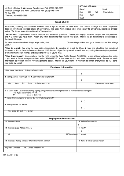 Fillable Form Mw 31a Wage Claim Printable Pdf Download