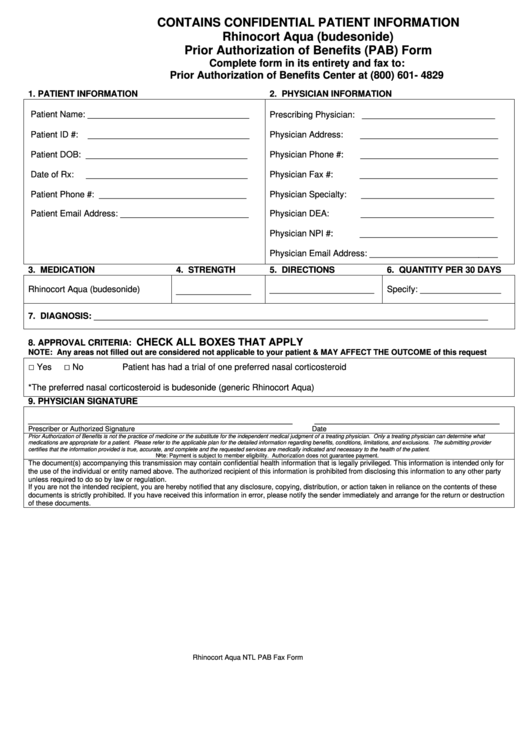 Rhinocort Aqua (Budesonide) Prior Authorization Of Benefits (Pab) Form Printable pdf