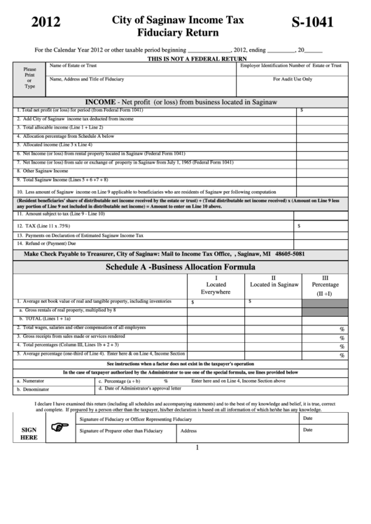 Form S-1041 - City Of Saginaw Income Tax Fiduciary Return - 2012 Printable pdf