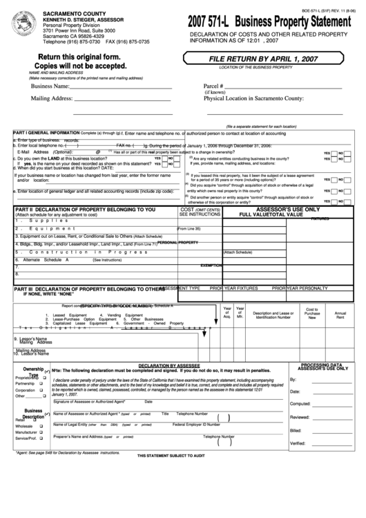Form Boe-571-L - Business Property Statement - 2007 Printable pdf