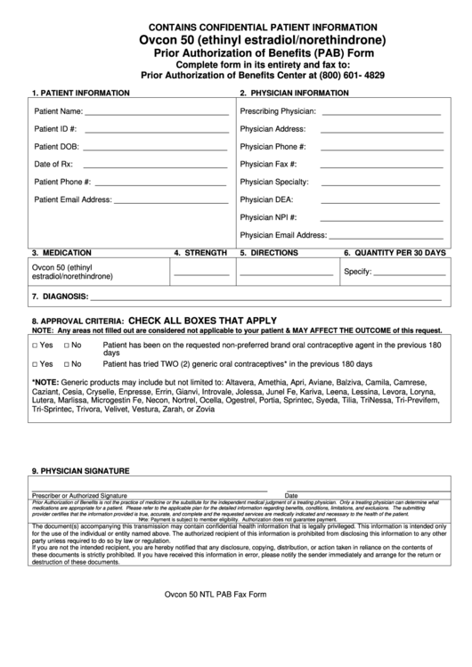 Ovcon 50 (Ethinyl Estradiol/norethindrone) Prior Authorization Of Benefits (Pab) Form Printable pdf