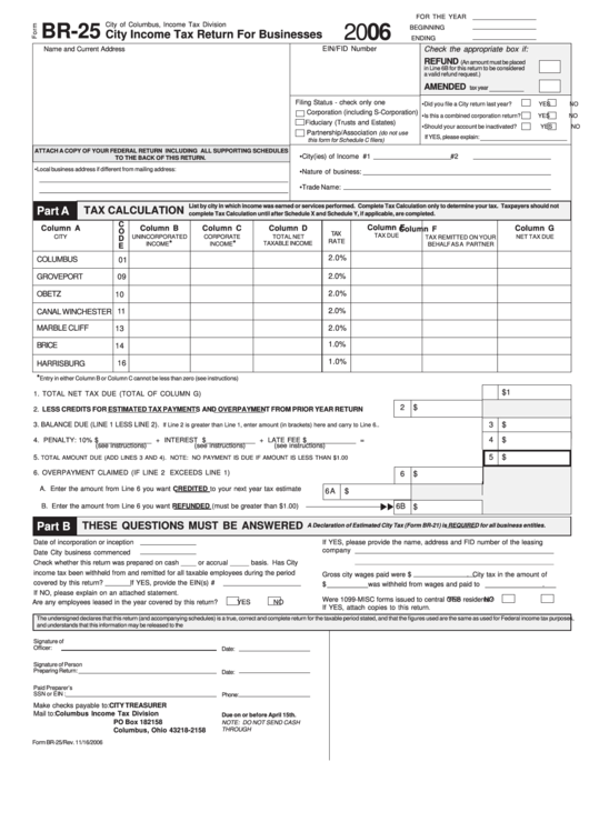Fillable Form Br-25 - City Income Tax Return For Businesses - 2006 Printable pdf