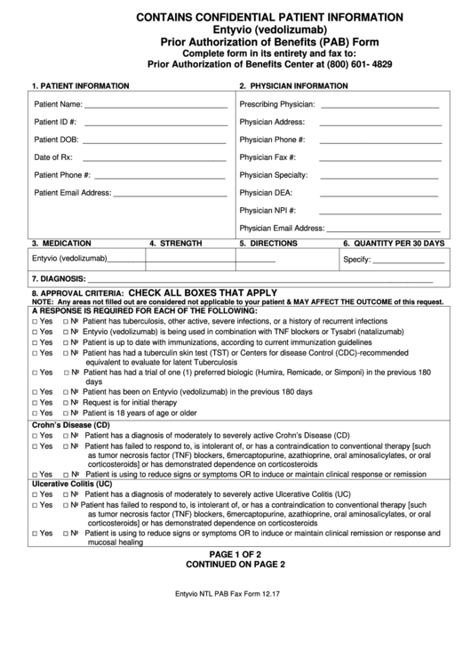 Entyvio (Vedolizumab) Prior Authorization Of Benefits (Pab) Form