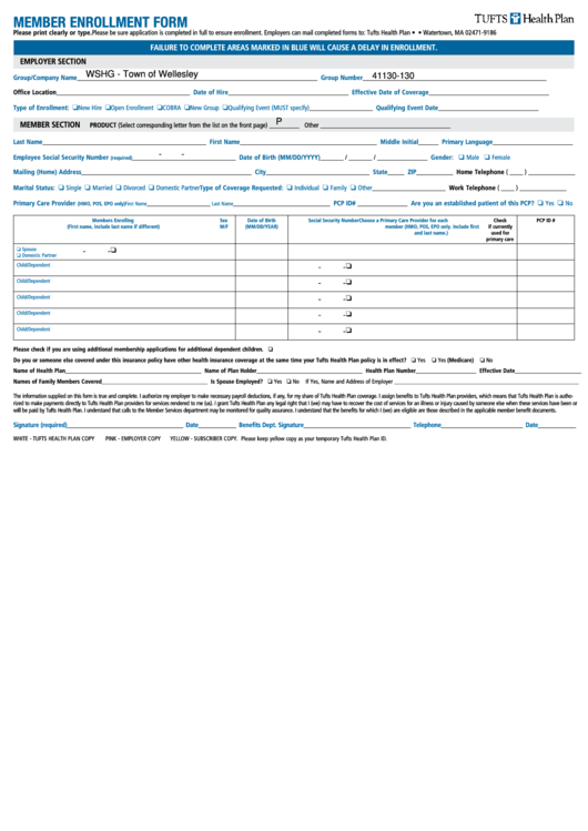 Fillable Member Enrollment Form - Tufts Health Plan Printable pdf