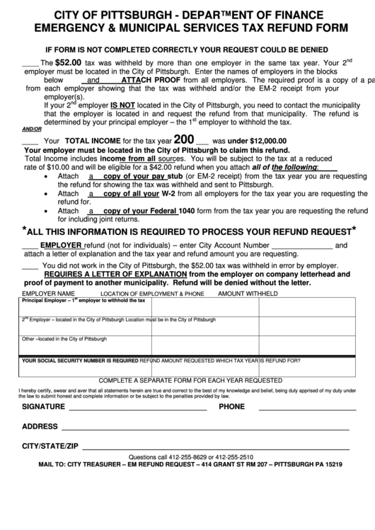 Emergency & Municipal Services Tax Refund Form Printable pdf