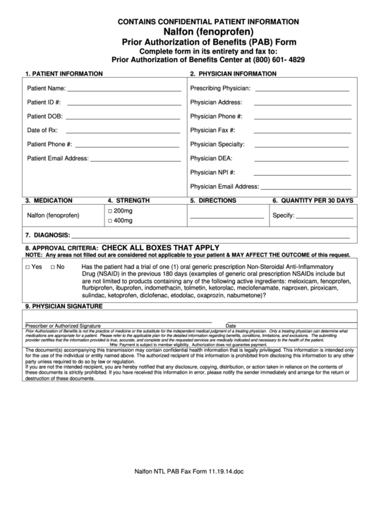 Nalfon (Fenoprofen) Prior Authorization Of Benefits (Pab) Form ...