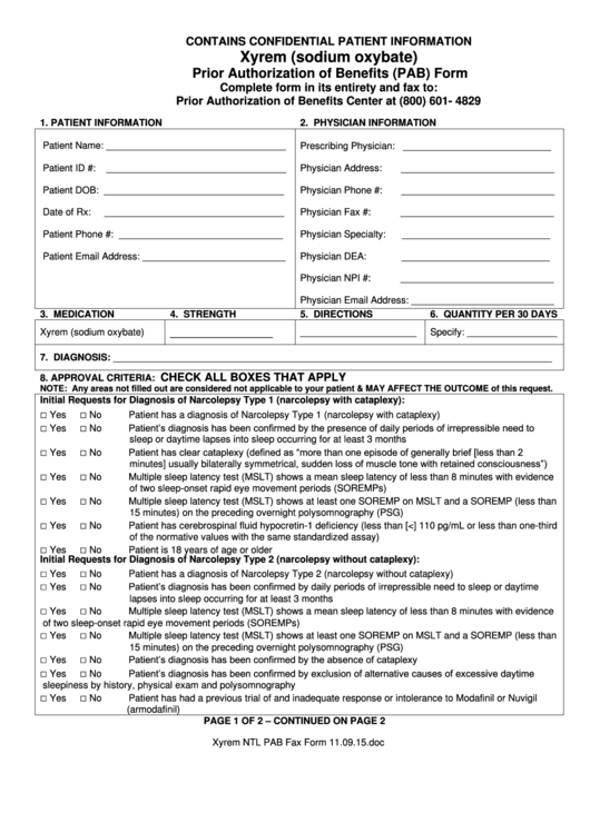 Xyrem (Sodium Oxybate) Prior Authorization Of Benefits (Pab) Form Printable pdf