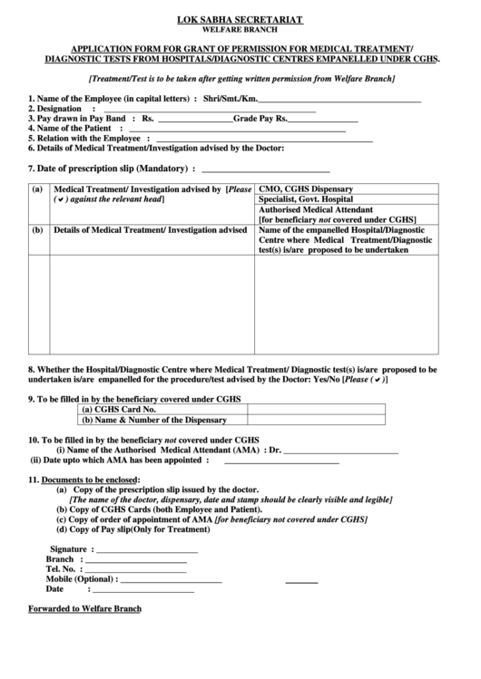 Application Form For Grant Of Permission For Medical Treatment/ Diagnostic Tests From Hospitals/diagnostic Centres Empanelled Under Cghs. Printable pdf