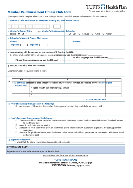 Fillable Member Reimbursement Fitness Club Form Printable pdf
