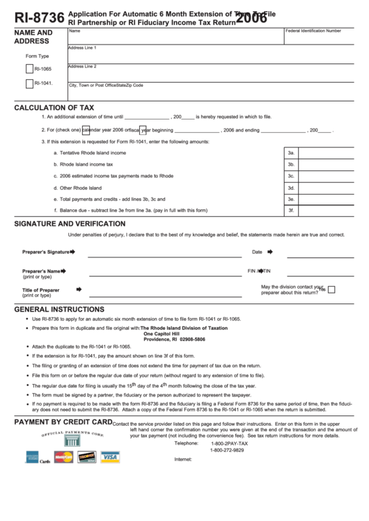 Form Ri-8736 - Application For Automatic 6 Month Extension Of Time To File Ri Partnership Or Ri Fiduciary Income Tax Return - 2006 Printable pdf