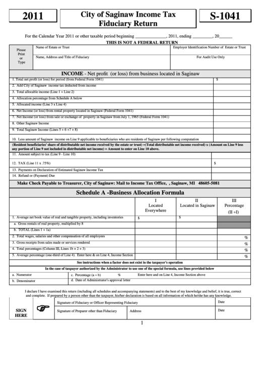 Fillable Form S-1041 - City Of Saginaw Income Tax Fiduciary Return - 2011 Printable pdf