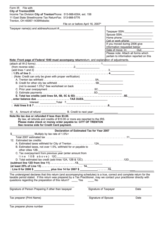 Form Ir - Income Tax Return - City Of Trenton - 2006 Printable pdf