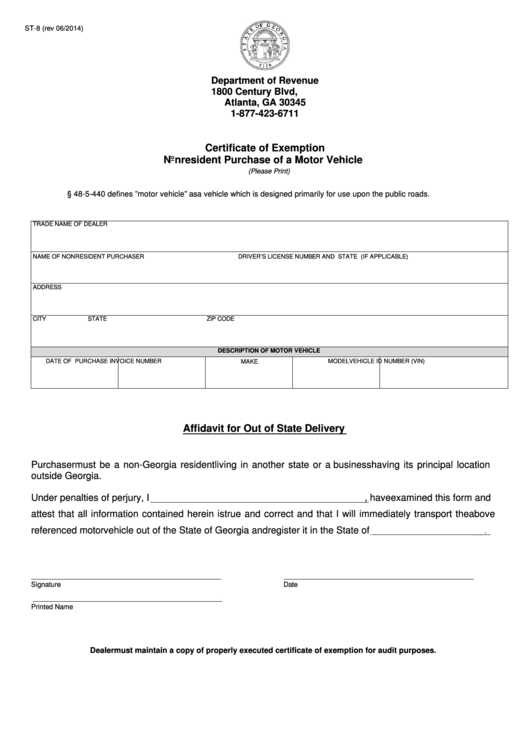 Fillable Form St-8 - Certificate Of Exemption Nonresident Purchase Of A Motor Vehicle 2014, Atlanta, Ga Printable pdf