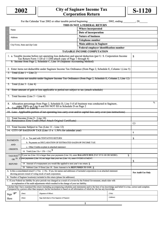 Form S-1120 - Income Tax Corporation Return - 2002 Printable pdf