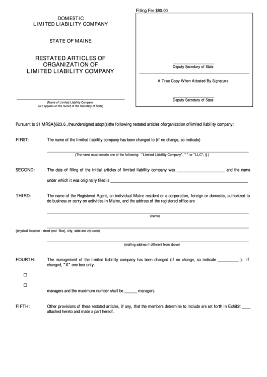 Fillable Form Mllc-6a - Restated Articles Of Organization Of Limited Liability Company Printable pdf