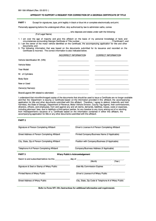 Form Mv-18a - Affidavit Of Marriage/domestic Partnership Printable pdf