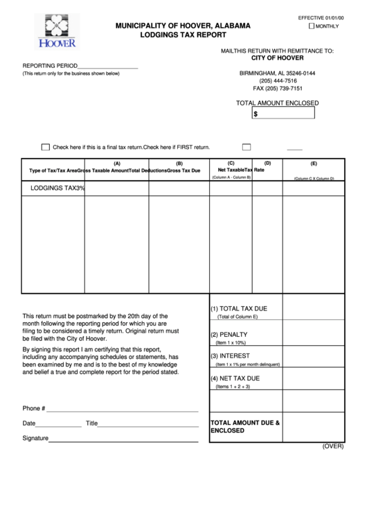 Lodgings Tax Report Form - Municipality Of Hoover, Alabama Printable pdf