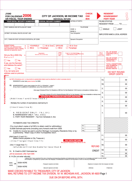 Form J1040 - Income Tax Individual Return - City Of Jackson - 2006 Printable pdf