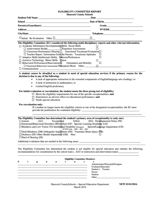 Eligibility Committee Report Form