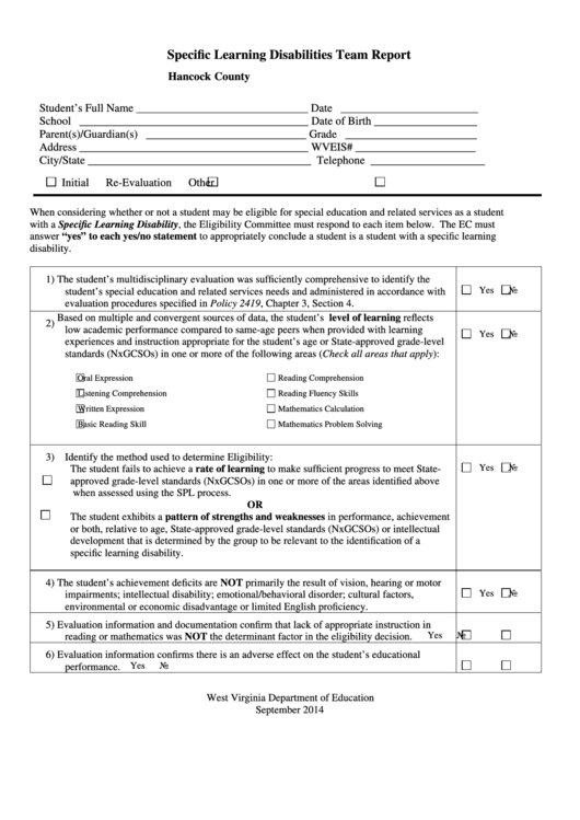 Fillable Specific Learning Disabilities Team Report Form Printable pdf