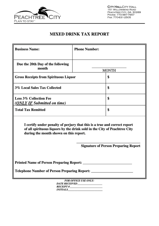 Mixed Drink Tax Report Form - Peachtree City, Ga Printable pdf