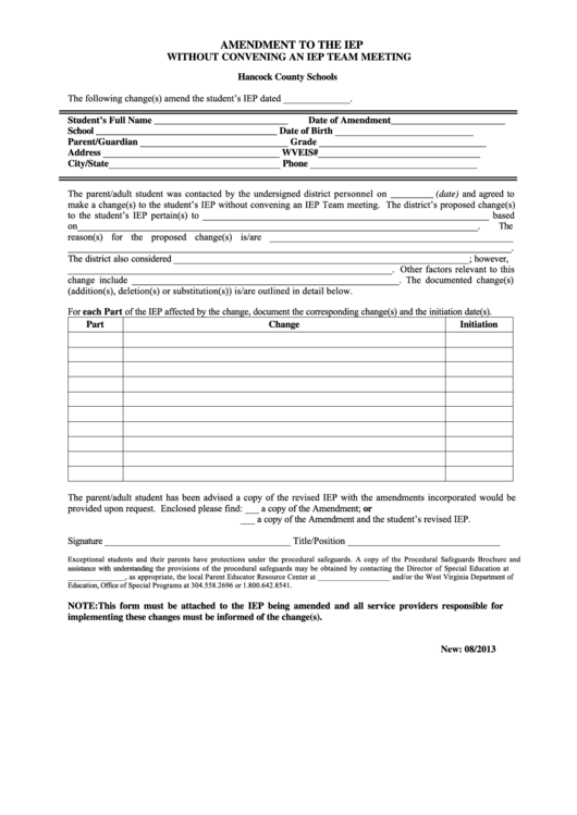 Fillable Amendment To The Iep Without Convening An Iep Team Meeting Form Printable pdf