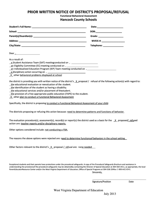 Fillable Prior Written Notice Of District