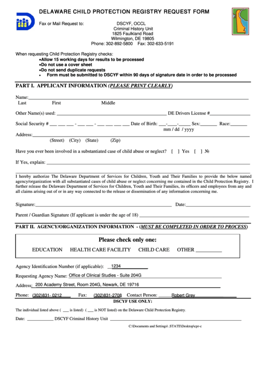 Delaware Child Protection Registry Request Form Printable pdf