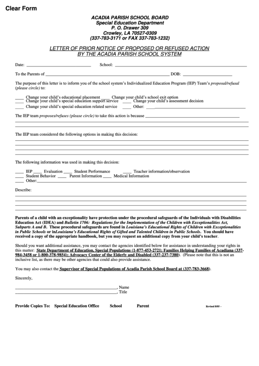 Fillable Letter Of Prior Notice Of Proposed Or Refused Action By The Acadia Parish School System Template Printable pdf