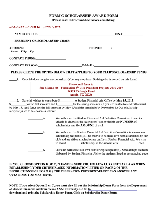 Form G Scholarship Award Form Printable pdf