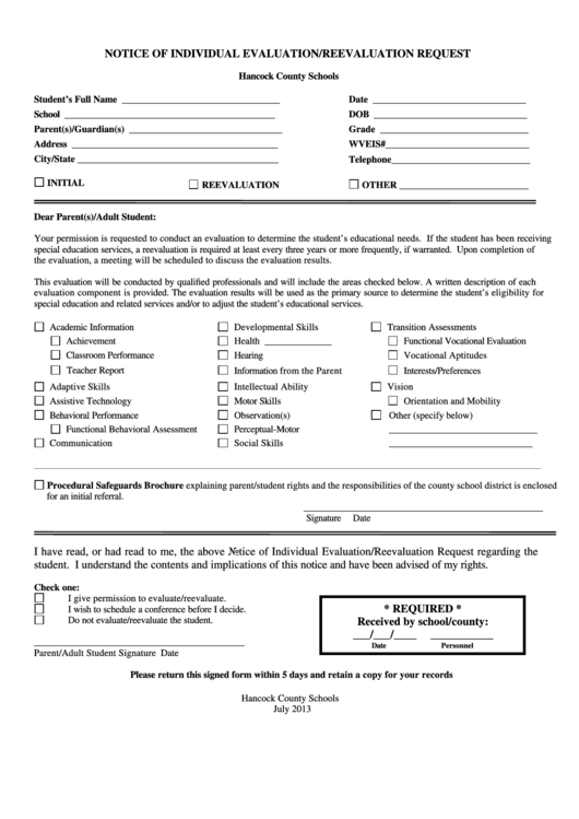 Fillable Notice Of Individual Evaluation/reevaluation Request Form Printable pdf
