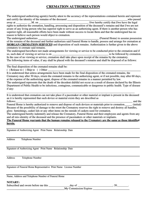 Fillable Cremation Authorization Form Printable pdf