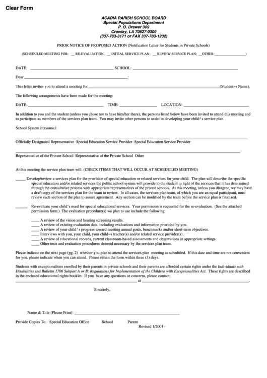 Fillable Prior Notice Of Proposed Action (Notification Letter For Students In Private Schools) Form Printable pdf