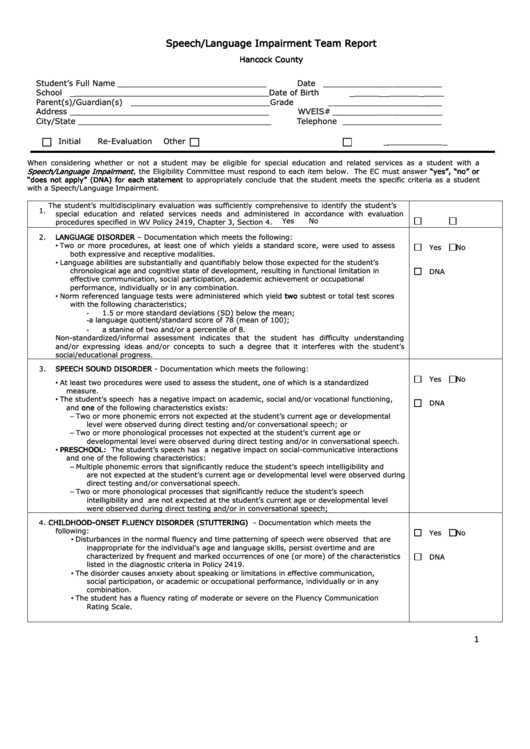 Fillable Speech/language Impairment Team Report Form Printable pdf