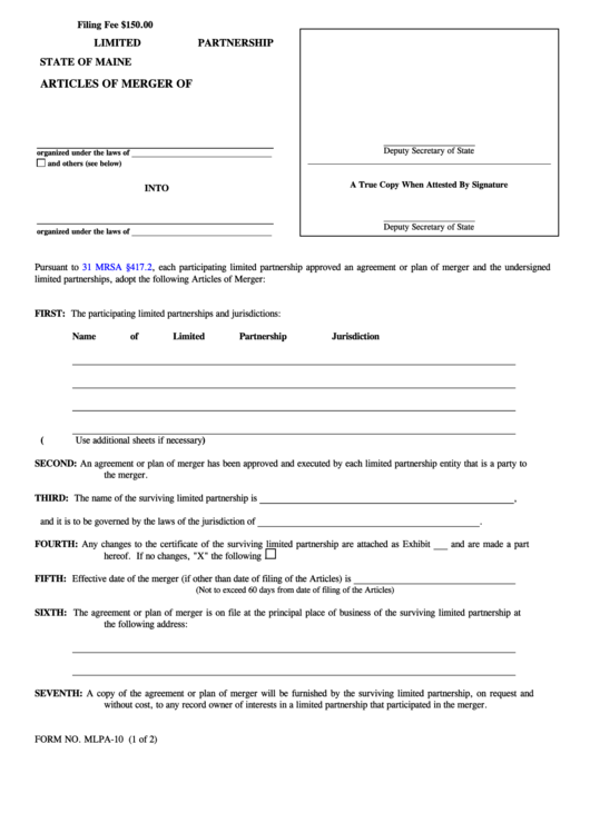 Fillable Form Mlpa-10 - Articles Of Merger Printable pdf