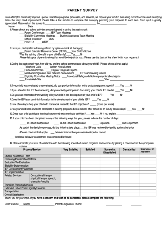 Parent Survey Form Printable pdf