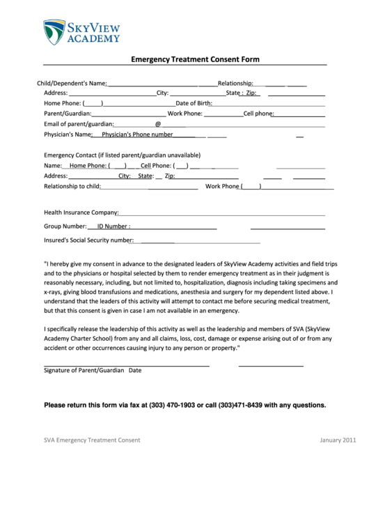 Emergency Treatment Consent Form Printable pdf
