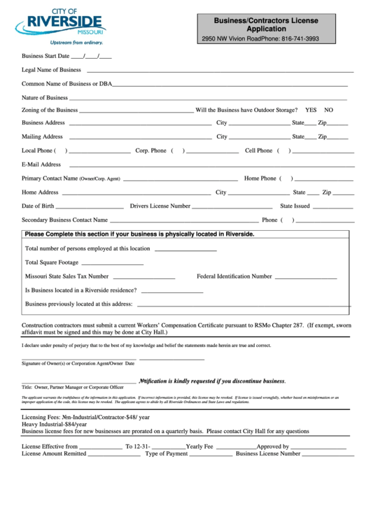 Fillable Business License Application Form Printable pdf