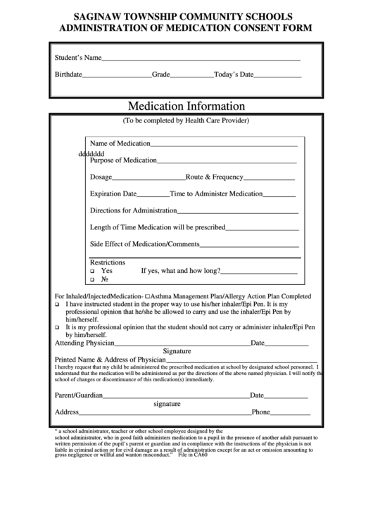 Administration Of Medication Consent Form