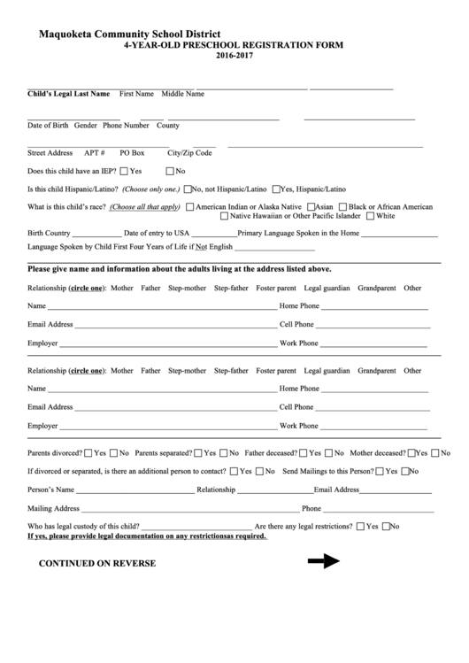4-Year-Old Preschool Registration Form Printable pdf