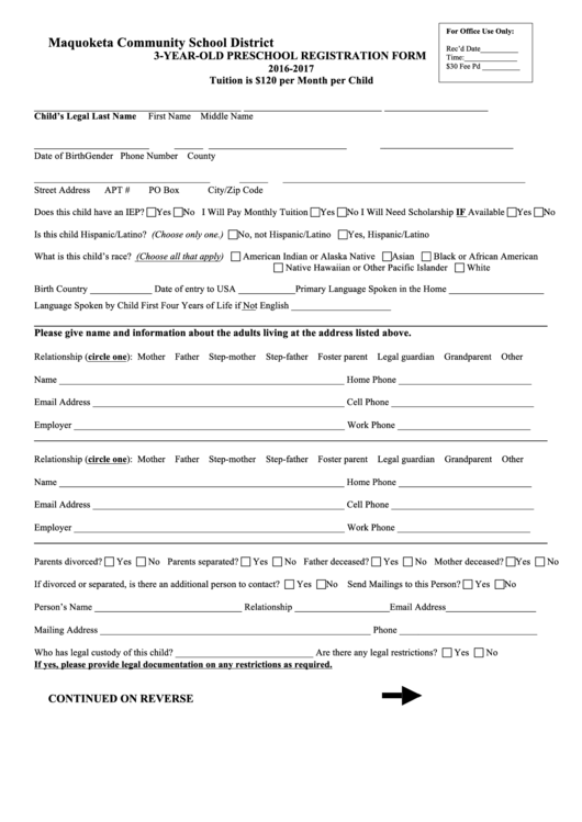 3-Year-Old Preschool Registration Form Printable pdf