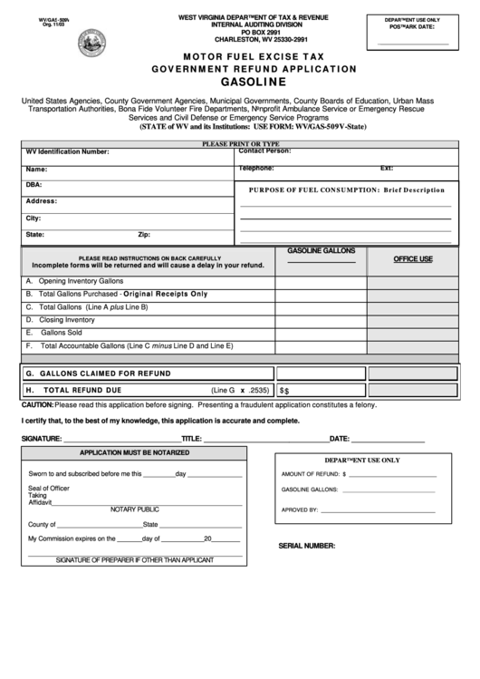 Form Wv/gas-509v 11/03-Motor Fuel Excise Tax Government Refund Application Printable pdf