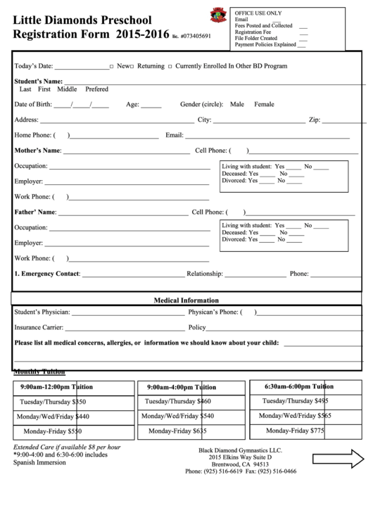 Little Diamonds Preschool Registration Form Printable pdf