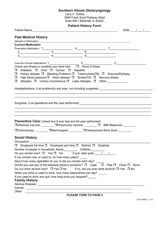 Form #10ll - Patient History Form Printable pdf