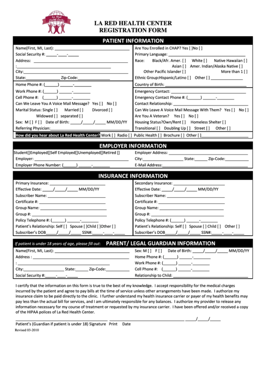 La Red Health Center Registration Form Printable pdf