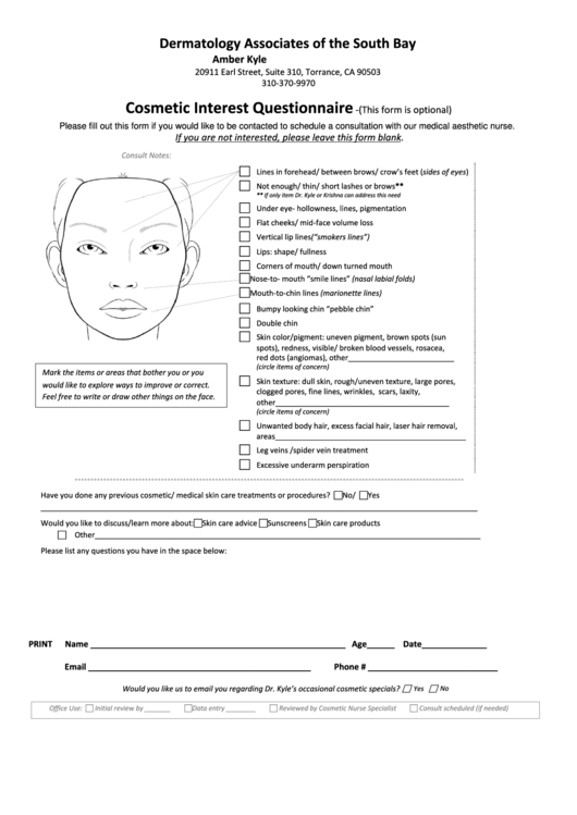 Cosmetic Questionnaire Form Printable pdf