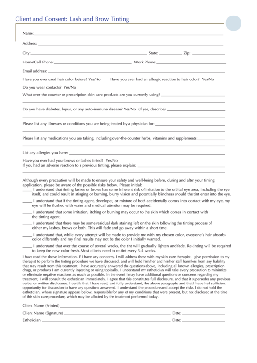 Client And Consent Form - Lash And Brow Tinting Printable pdf