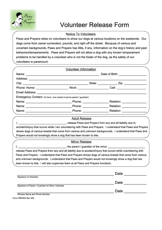 Volunteer Release Form Printable pdf