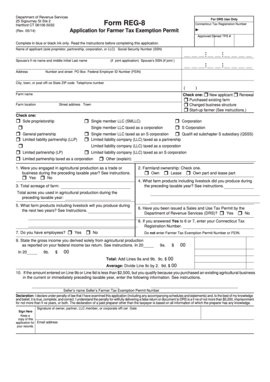 Form Reg-8 - Application For Farmer Tax Exemption Permit - 2014 Printable pdf