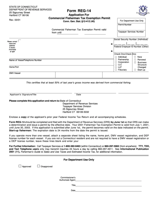 Form Reg-4-Rev.03/01-Application For Commercial Fisherman Tax Exemption Permit Printable pdf